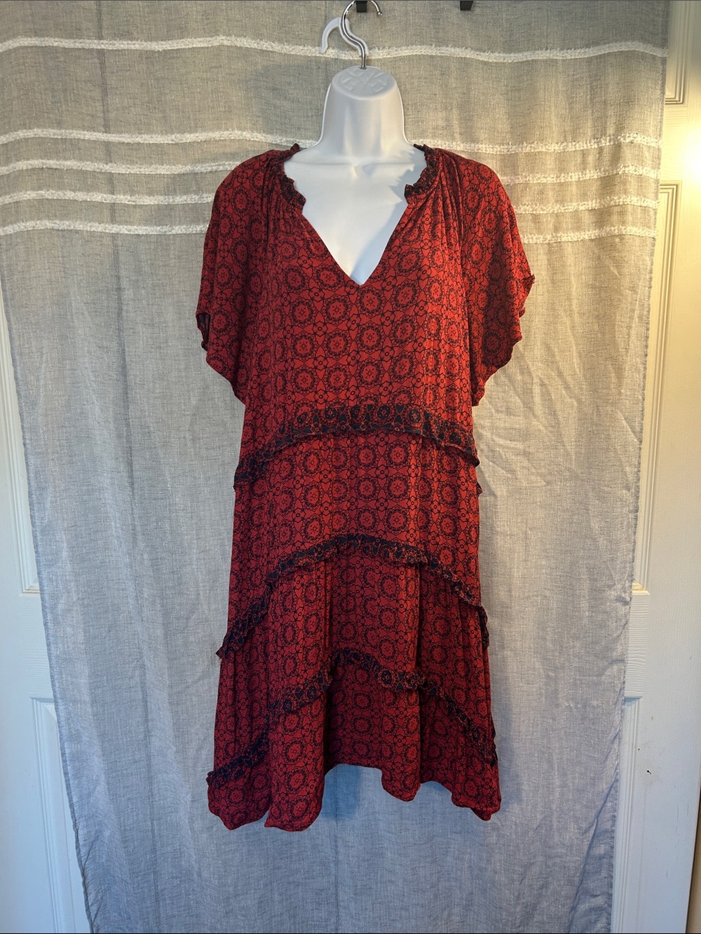 Anthropologie Red and Black Printed Robin Dress (Flawed Gem)